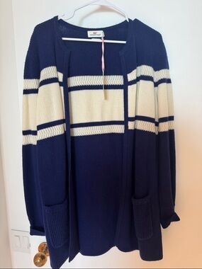 Vineyard Vines Navy and Cream Striped Open-Front cashmere Cardigan